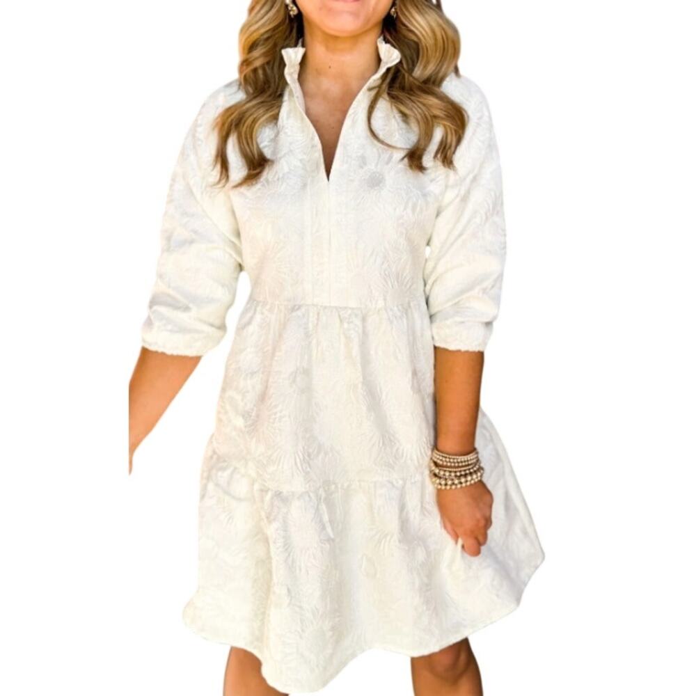 SSYS Ivory Tiered Brocade Floral 100% Cotton Feminine Bridal Southern Mini Dress